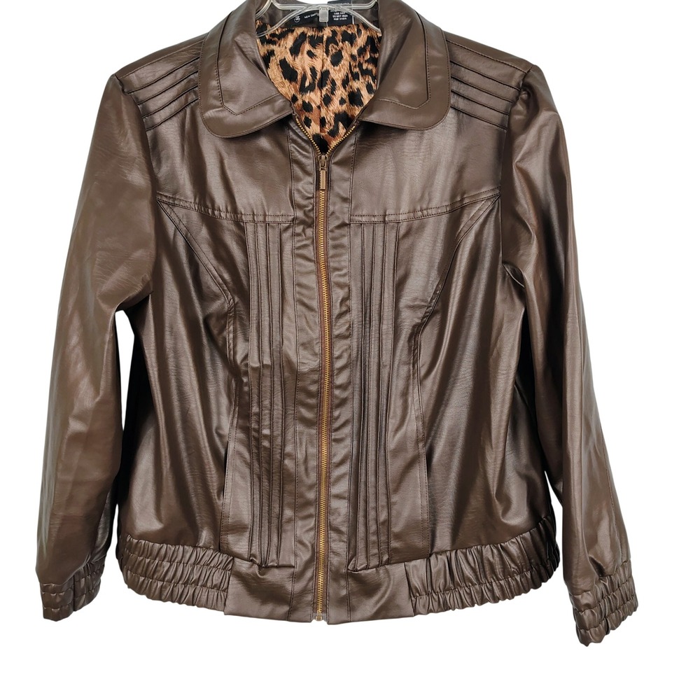 Womens 2X New Directions Faux Leather Jacket Brown Leopard Print Mob Wife Indie